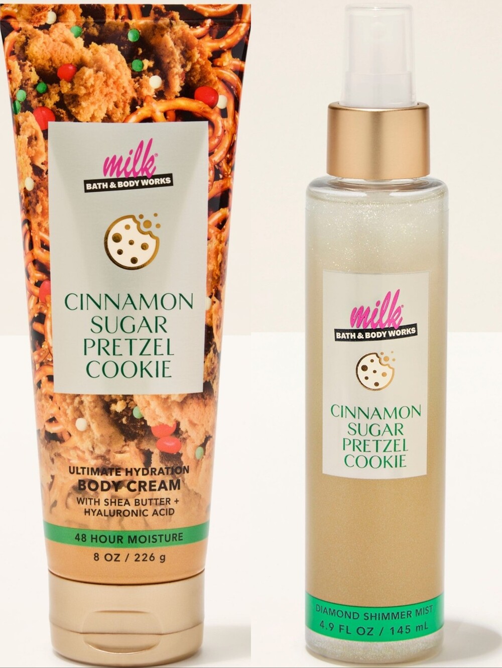 Bath Body Works Cinnamon Sugar Pretzel Cookie Cream & Diamond Shimmer Mist Set